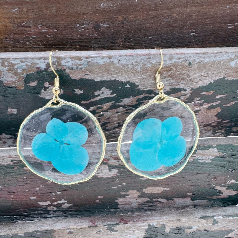 21. Gold and Blue Resin Floral Earrings Handmade by Me- Medium Circle Size